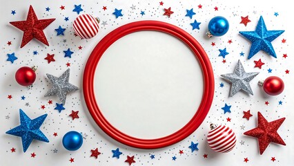 Obraz premium Red round frame with stars and christmas ornaments in patriotic colors