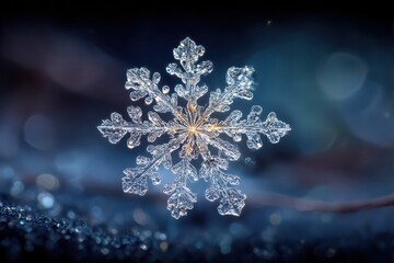 Neutral macro image of snowflake in focus on dark background with copy space.