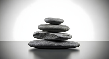 A serene display featuring a balanced stone stack against a gradient backdrop, evoking themes of tranquility, equilibrium, and the art of finding harmony in stillness and compositional grace