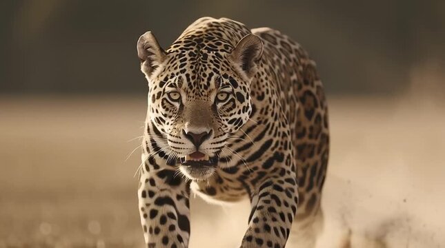 Elegant jaguar mid-sprint across the dry grassland generative ai