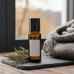 Rollerball bottle mockup | Amber glass rollerball with blank white label and black cap on slate with rosemary and blanket near window | Natural spa aesthetic | Essential oils and cosmetic branding
