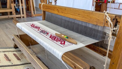 Traditional wooden loom with colorful threads and shuttle