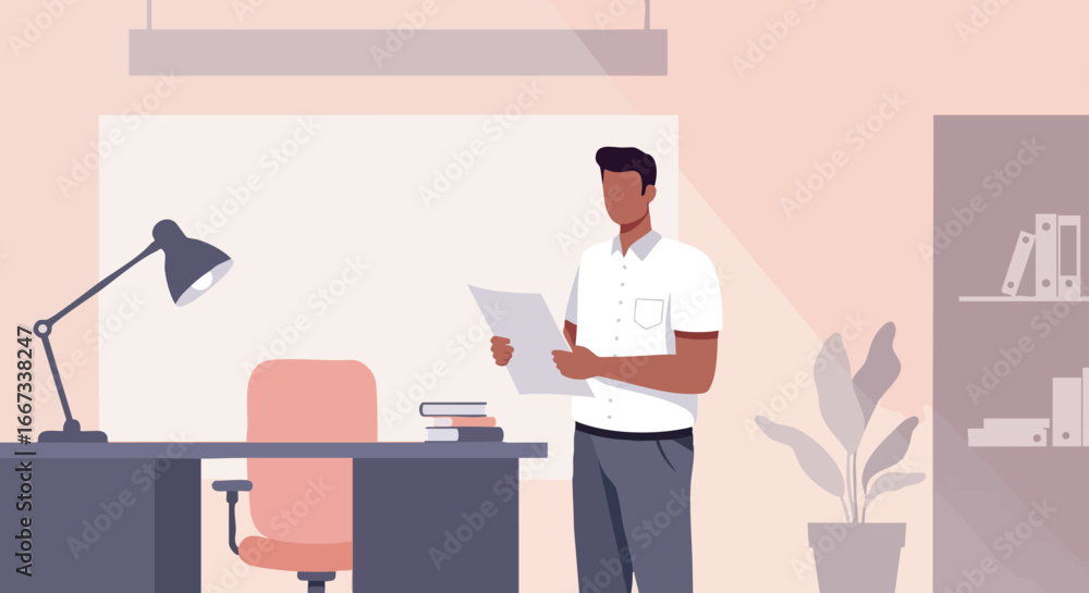 Aufkleber man standing in modern office reading document with desk lamp and plant in minimal workspace vector 