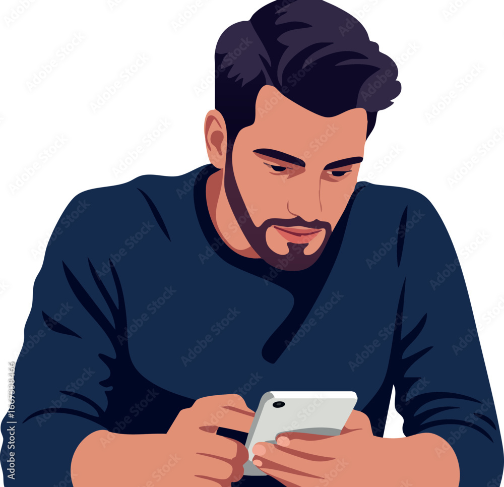 Poster man focused on smartphone using mobile technology for communication and social media vector illustra