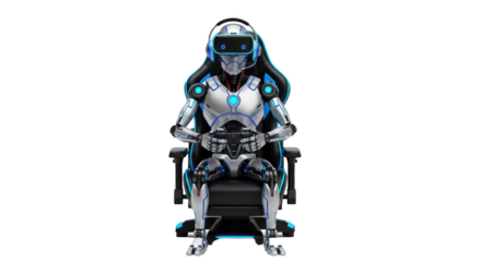 Robot gamer playing video games in vr headset sitting in gaming chair on black background image design