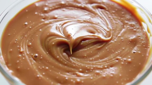 Slow rotation of dulce de leche in a glass bowl, top view showing glossy creamy texture