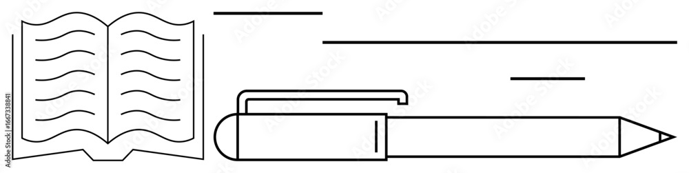 Aufkleber open book with curved lines representing text next to a pen emphasizing reading, writing, and learni