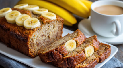 Delicious banana bread loaf with sliced bananas on top, served with cup of coffee and fresh bananas in background, creating warm and inviting breakfast scene