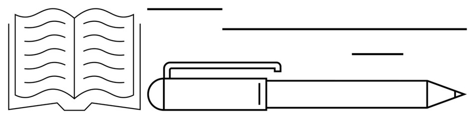 Open book with curved lines representing text next to a pen emphasizing reading, writing, and learning. Ideal for education, creativity, knowledge, literature, academics, study and publishing