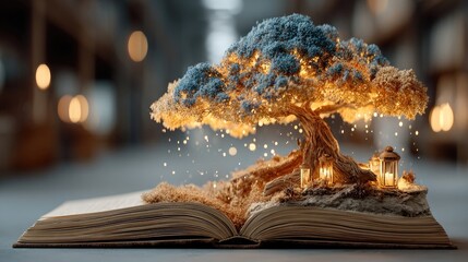 Magical tree of knowledge sprouting from open old book in library, glowing with success light
