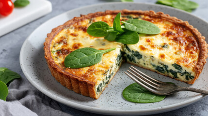 Delicious spinach quiche with golden crust, garnished with fresh spinach leaves, served gray plate. This savory dish is perfect for brunch or light meal, showcasing blend of creamy filling