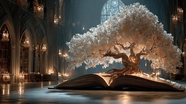 Magical tree of knowledge sprouting from open old book in library, glowing with success light
