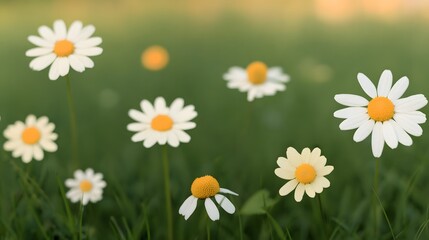 Vibrant White Daisies in Lush Green Grass Peaceful Nature Scene with Soft Sunlight