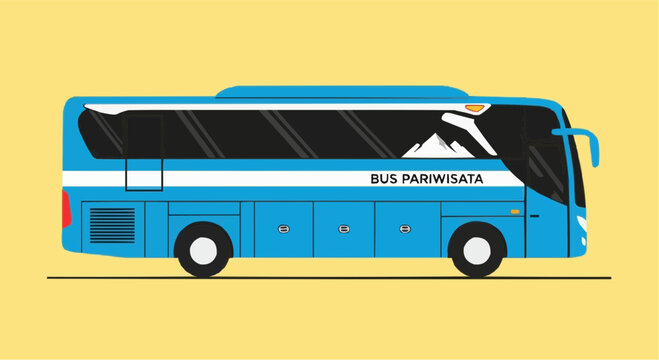 A detailed vector illustration of a modern blue tour bus, side view of a passenger coach vehicle for tourism and travel