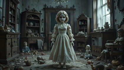 Obraz premium A Victorian porcelain doll wearing a cracked lace dress, standing in the middle of an abandoned nursery, broken toys scattered around.