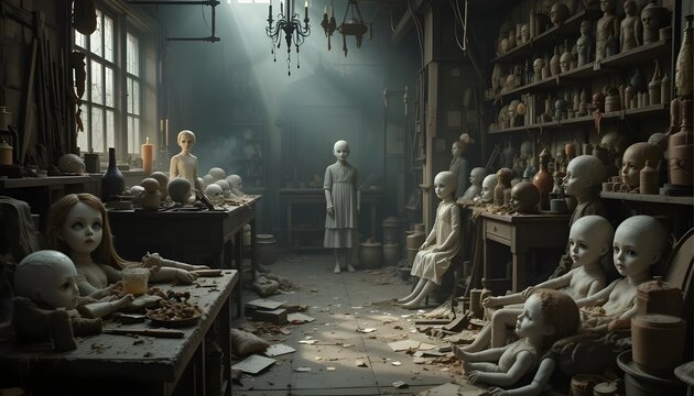 A dusty workshop filled with cracked porcelain doll heads, stitched bodies, scattered tools, and flickering candlelight, sinister atmosphere.