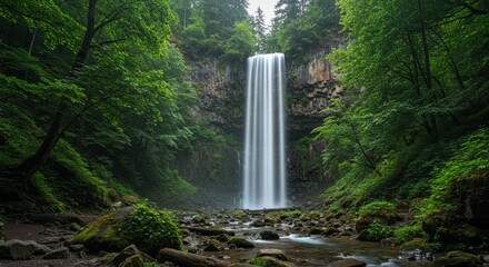 Serene Forest Waterfall with Lush Greenery and Rocky Stream Bed