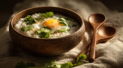 Creamy rice porridge topped with poached egg and fresh cilantro, served in rustic wooden bowl. warm dish evokes comfort and nourishment, perfect for cozy meal