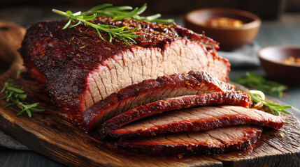 Sliced beef brisket on wooden cutting board garnished with fresh herbs, showcasing rich, smoky texture and deep color. Perfect for hearty meal or barbecue gathering