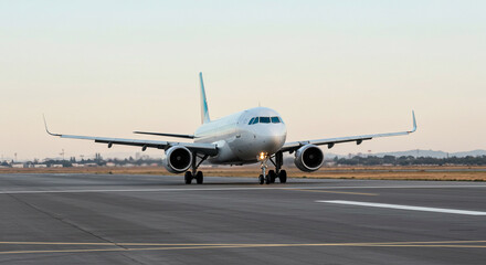 Obraz premium A white commercial airplane on the airport runway with a soft glow from the sun