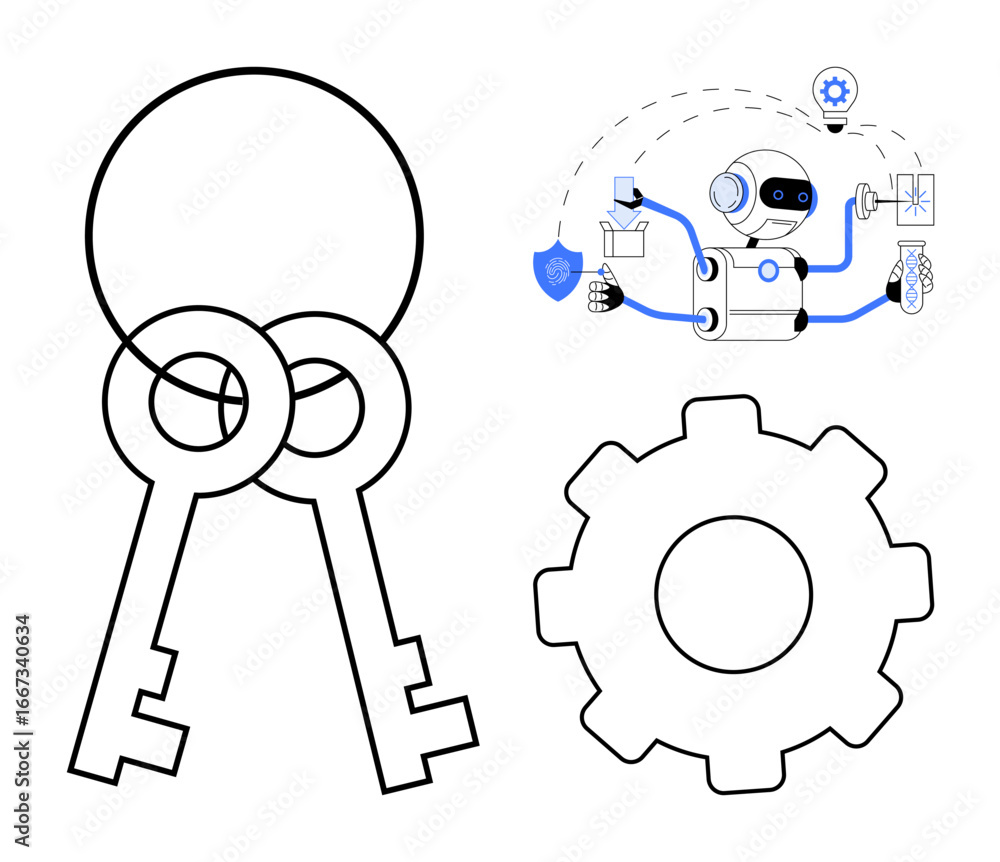 Poster robot interconnected with tools, gears, and keys representing automation, innovation, and security. 