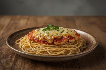 Fototapeta premium Chicken Parmesan Pasta Dish on Wooden Table
