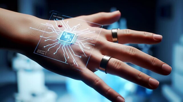 futuristic human microchip implant on a hand integrating technology and biology symbolizing advanced healthcare and innovation ideal for technology and medical publications.