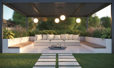 Modern outdoor lounge area with a pergola, built-in seating, plush cushions, low coffee table, ambient lighting, and lush greenery.  Stone path leads to the space