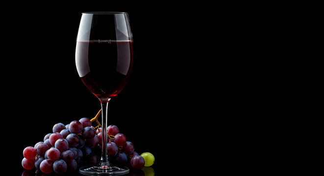 A full glass of red wine and ripe grapes against a minimalist black background - Powered by Adobe