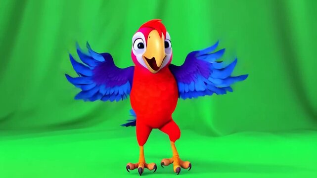 A red parrot with blue wings on green background green screen animated chromakey background backgrounds expression emotion cartoonish colorful layers illustration creative movement
