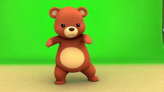 A teddy bear standing in front of green screen animated chromakey background layers figure illustration movement depth colorful scene cartoonish creative motion composition frame design