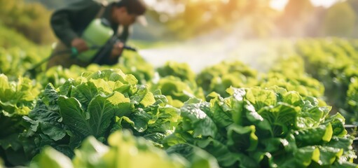 Farmer using high-tech sprayer to apply pesticides over lettuce field