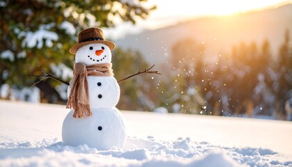 Obraz premium Joyful Snowman in Snowy Landscape with Golden Sunset.
