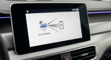 Electric Car Solar Panel Charging System on Dashboard Screen.