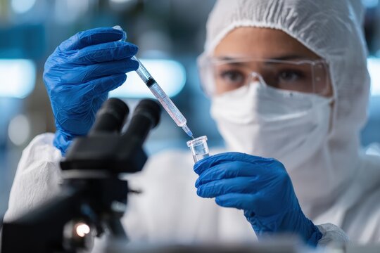 Close up of scientist carefully dropping liquid from syringe into test tube during experiment in modern laboratory