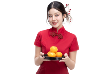 PNG format of Beautiful young asian woman with orange and Chinese style makeup on transparent background. Chinese new year holiday concept for commercial advertising.