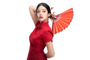 PNG format of Beautiful young asian woman with red fan and Chinese style makeup on transparent background. Chinese new year holiday concept for commercial advertising.