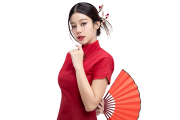 PNG format of Beautiful young asian woman with red fan and Chinese style makeup on transparent background. Chinese new year holiday concept for commercial advertising.