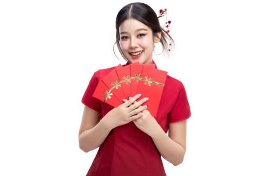PNG format of Beautiful young asian woman with Hongbao, red envelops, Chinese style makeup on transparent background. Chinese new year holiday concept for commercial advertising.