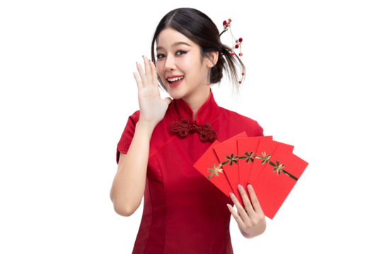 PNG format of Beautiful young asian woman with Hongbao, red envelops, Chinese style makeup on transparent background. Chinese new year holiday concept for commercial advertising. - Powered by Adobe