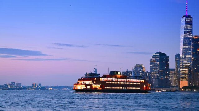 Large luminous riverboat travels by the riverscape at dusk time. High-rise skyline of Manhattan, New York at backdrop.