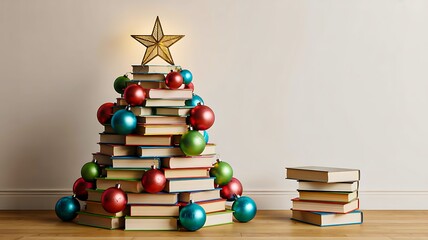 Creative christmas tree made of books with colorful ornaments