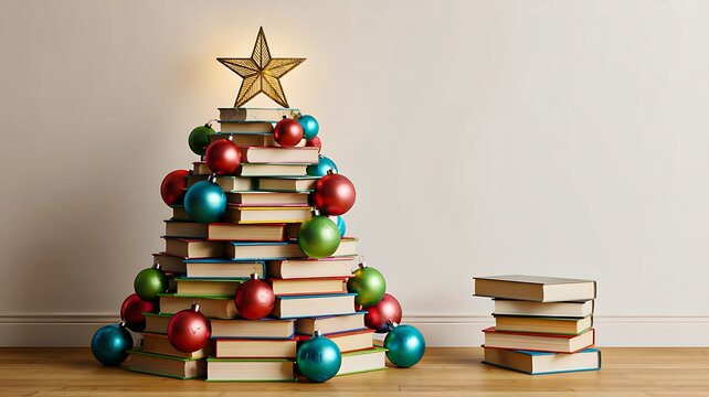 Creative christmas tree made of books with colorful ornaments