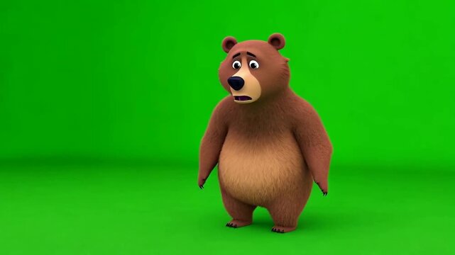 A brown bear standing in front of green screen animated chromakey background scene illustration design gesture elements depth figure creative frame movement composition style emotion
