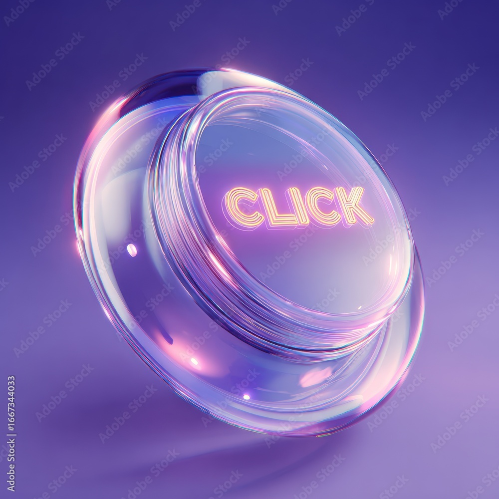 Poster a glowing, translucent button with the word 