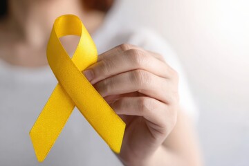 Woman showing yellow ribbon, symbol of support for Bone Cancer awareness, Suicide Prevention and Troops deployed
