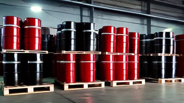 Dark warehouse with pallets holding red and black barrels or barrel containers filled with fossil fuels. Petrol gas, oil storage in gallon created with generative ai