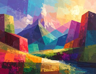 Colorful Abstract Landscape with Mountains and Ocean