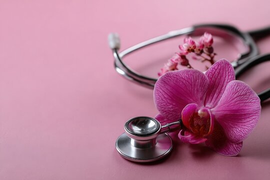 Stethoscope and pink orchid represent the importance of women's health, emphasizing awareness and care - Powered by Adobe