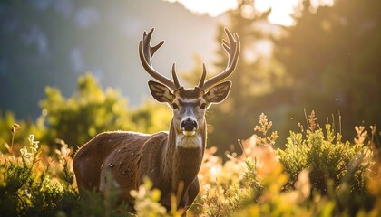 Majestic deer in sunlit forest
